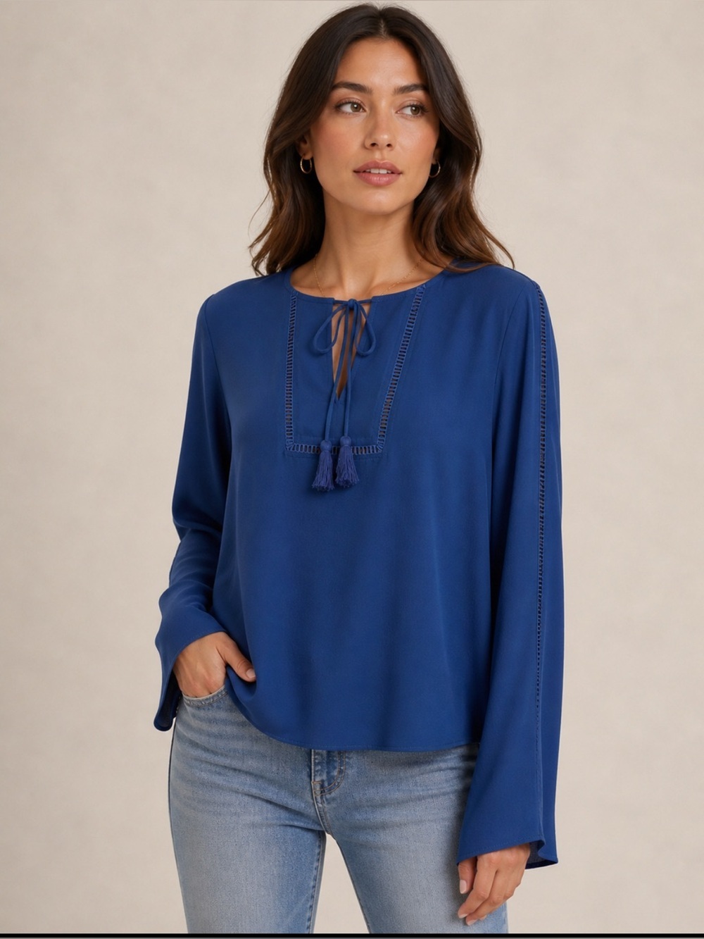 Vince Camuto Deep Blue Tie-Neck Long Sleeve Blouse Size-Small Elevated Casual